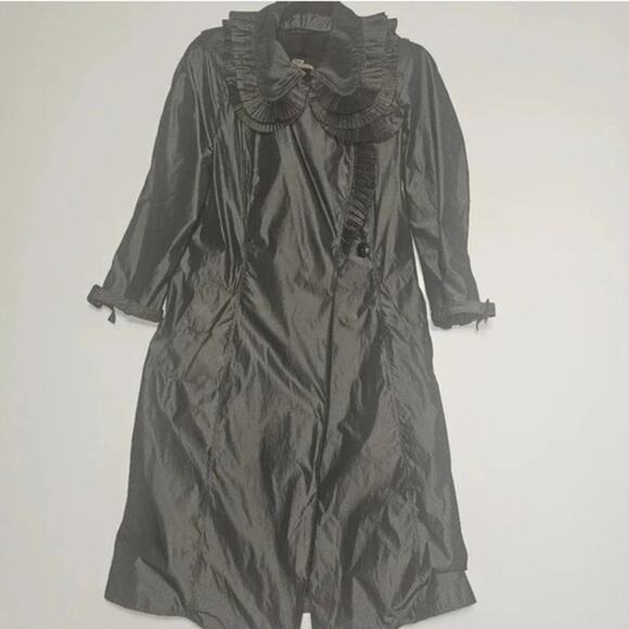 Burberry Vintage Trench Coat pleated/ ruffle trim collar Black Lightweight sz 42 - Picture 3 of 13